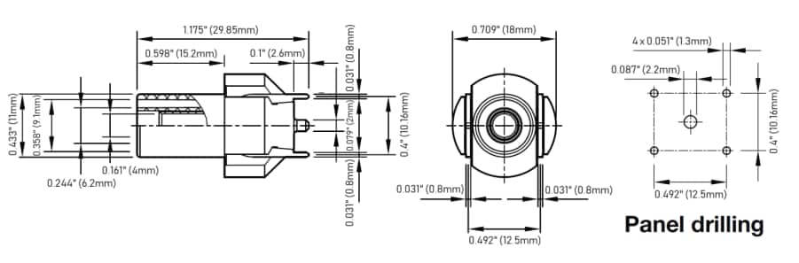 Mechanical Drawing - Pomona Electronics 73096 4mm Safety Jacks for PCB
